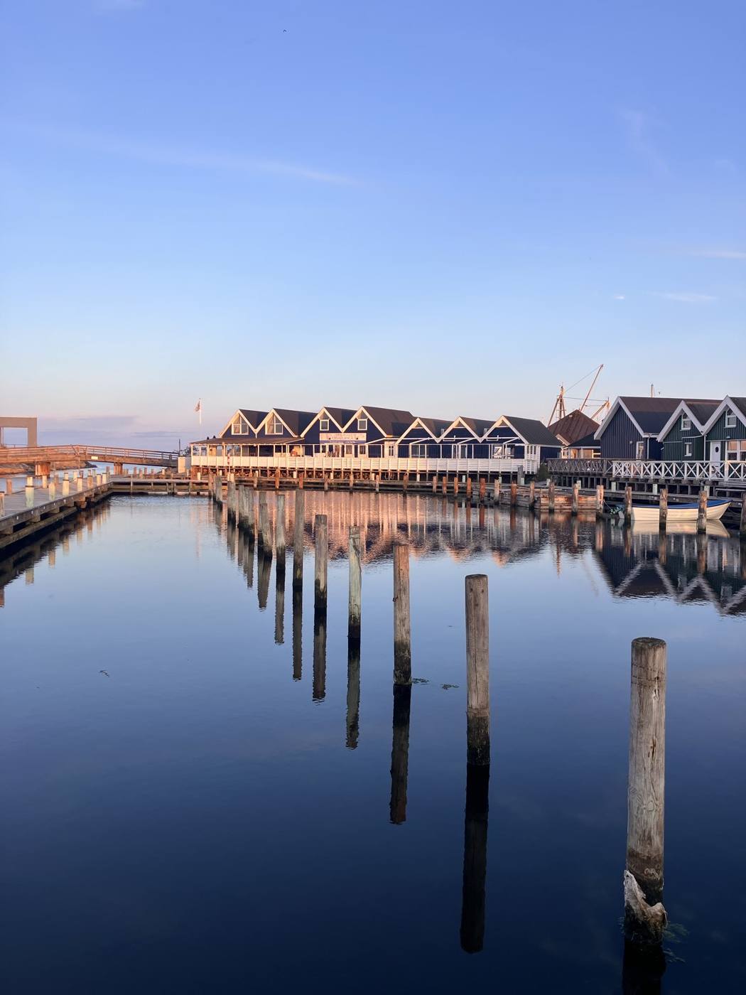 Sorte træhuse i Grenaa Marina spejler sig i vandet ved solnedgang